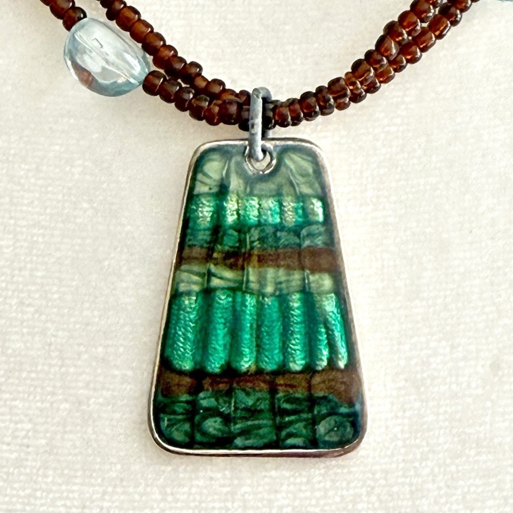 Kenneth Cole Green Inlay Pendant Necklace Seed Beads 16” + 3” Extender Y2K Boho - Picture 4 of 8